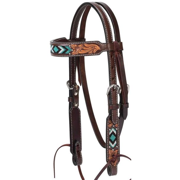 Turquoise Cross Turquoise Beaded 5/8" Pony Brow Band Headstall, Dark Oil