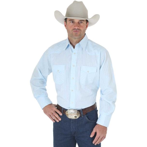 Wrangler Blue Western Snap Shirt - Long Sleeve Dobby Stripe