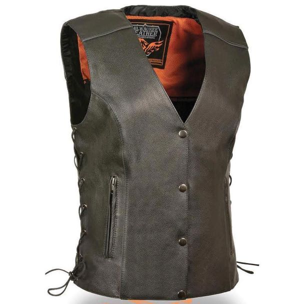 Milwaukee Leather MLL4500 Women's Classic Black Leather Side Laced Biker Vest With Reflective Piping