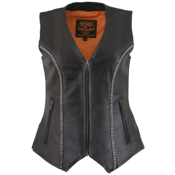 Milwaukee Leather mll4502 Women's Black Leather V-Neck Zipper Vest With Rhinestone Bling Detail