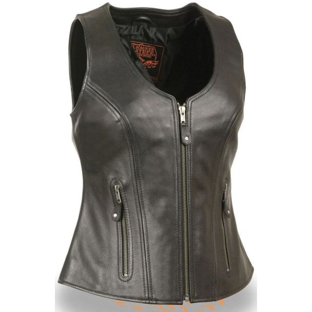 Milwaukee Leather MLL4530 Women's Open Neck Front Zipper Black Leather Vest