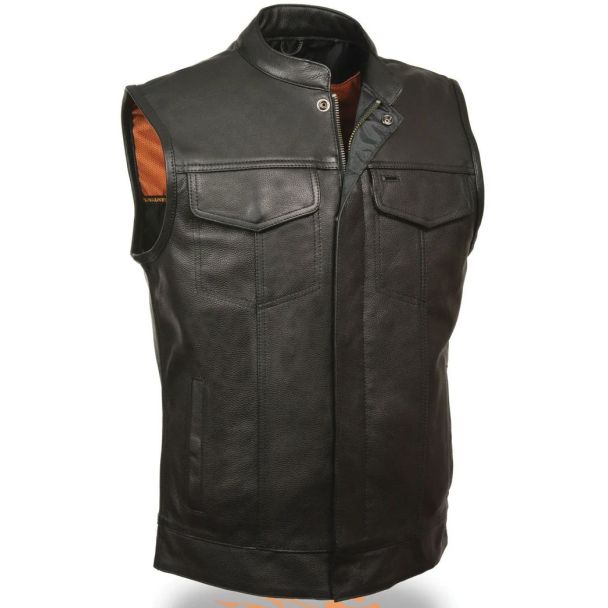 Milwaukee Leather MLM3510 Men's Black Dual Closure Open Neck Club Style Motorcycle Leather Vest