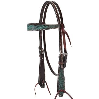 Turquoise Cross Carved Turquoise Flower 5/8" Brow Band Headstall, Dark Oil