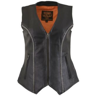 Milwaukee Leather mll4502 Women's Black Leather V-Neck Zipper Vest With Rhinestone Bling Detail